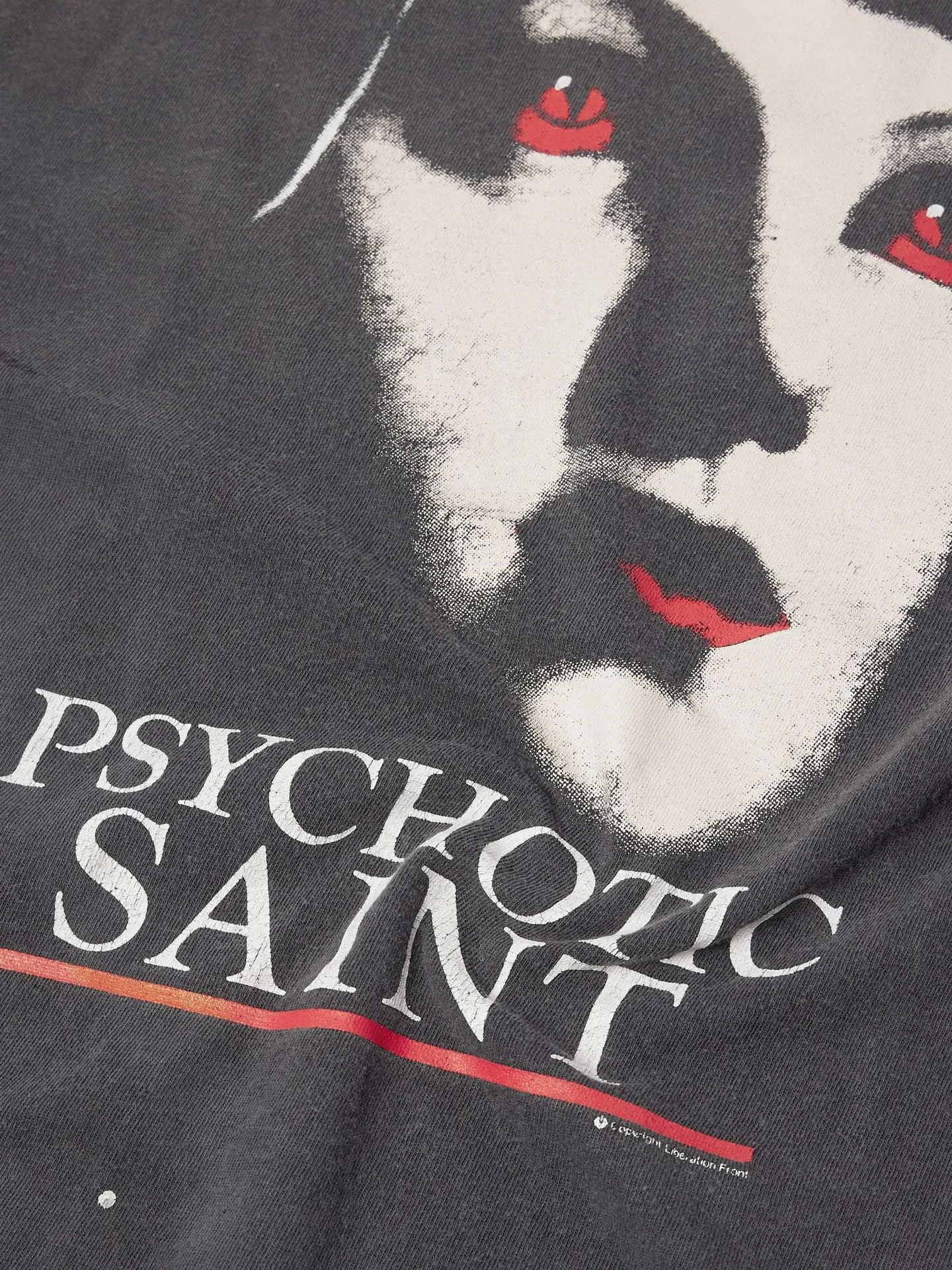 SAINT Mxxxxxx SS TEE/PSYCHOTIC SNT/BLK Gothic heavy metal rock style retro short-sleeved Mysterious woman's face printed distressed TEE Washed black S-XL Same as the original version Cylindrical side seam OE yarn fabric Garment dyeing Faded by heavy washing Bust plaster faded Correct version Matching of original accessories